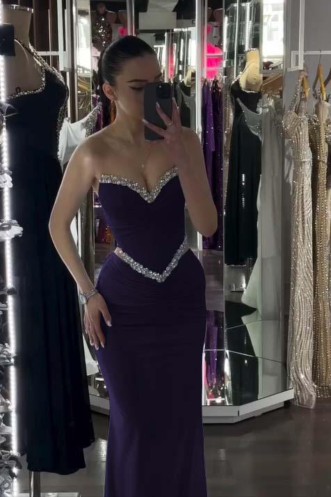 Spandex V-Neck Strapless Sleeveless Long Mermaid Prom Dress With Pleated And Rhinstone