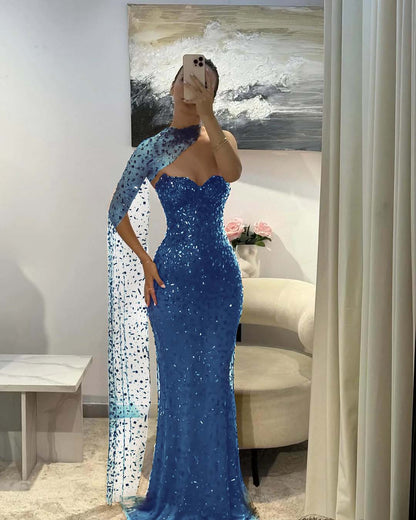 Tulle V-Neck Strapless Sleeveless Long Mermaid Prom Dress With Sequins And Ruffles