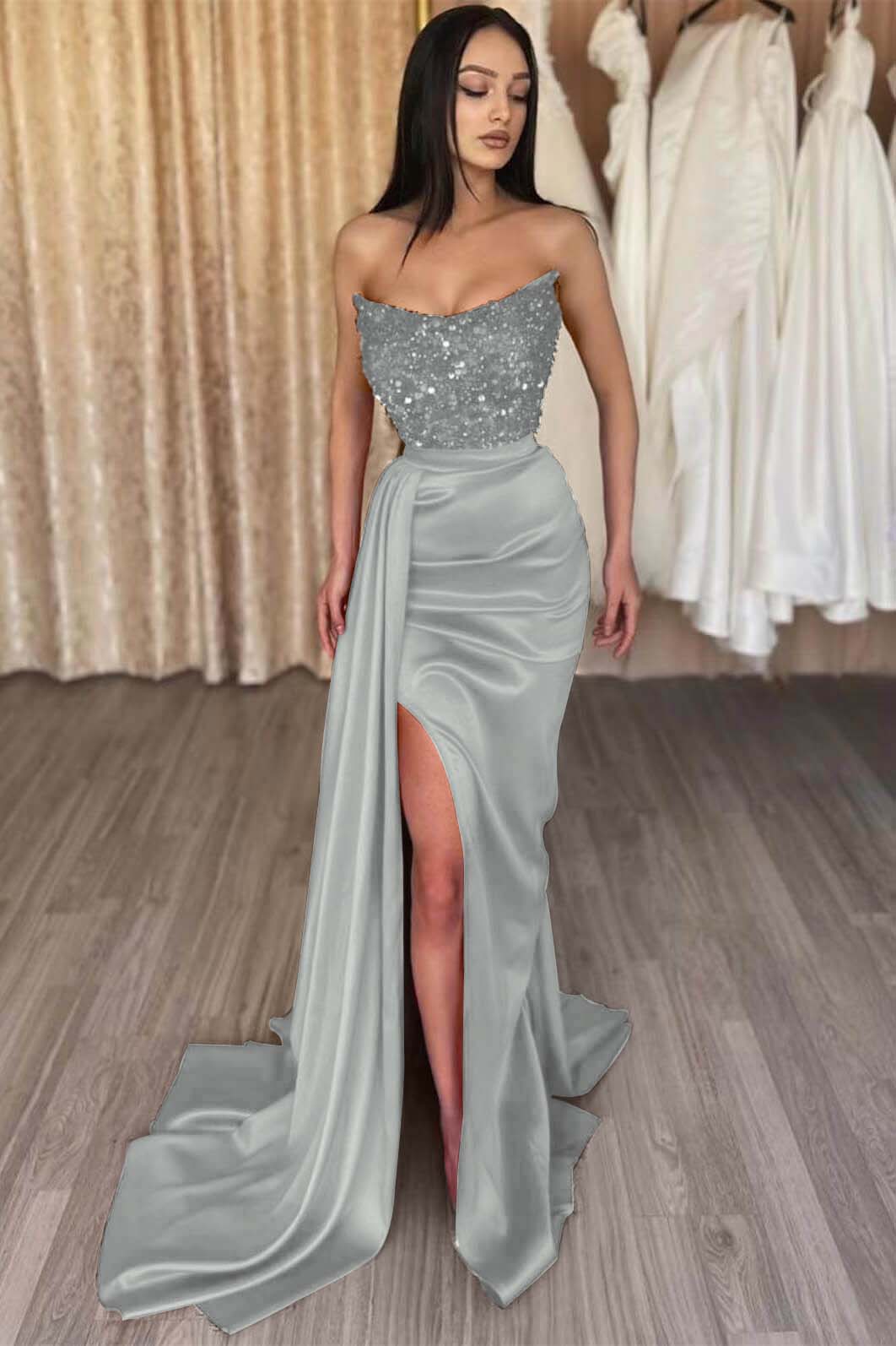 Red Strapless Elegant Sleeveless Long Sequins Prom Dress Mermaid Side Split