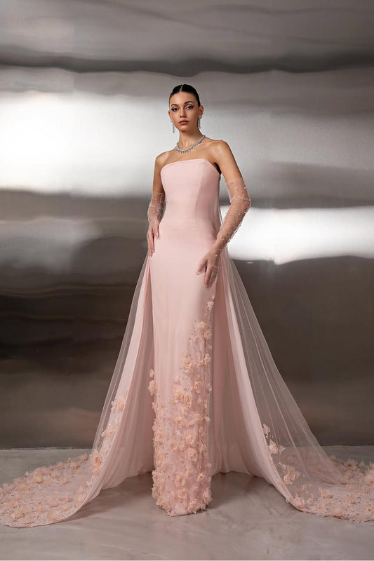 Strapless Sleeveless Long Mermaid Prom Dress With Appliques Gloves