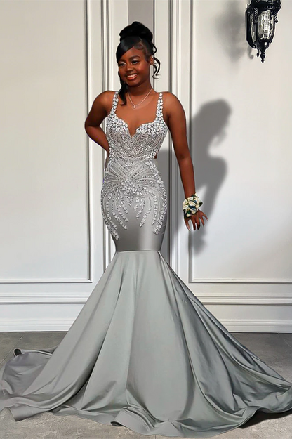 Sliver Spaghetti Strap Sleeveless Mermaid Prom Dress Trumpet With Flower Appliques