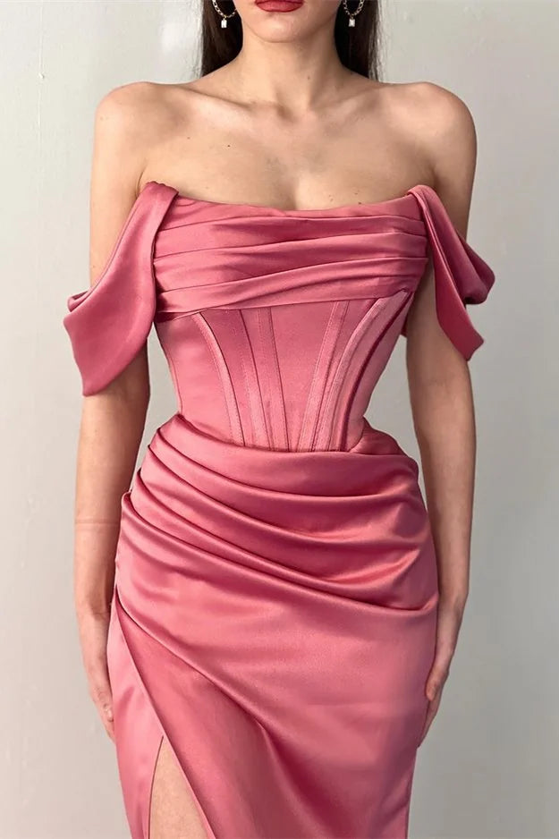 Dusty Rose Off-The-Shoulder Sleeveless Pleated Mermaid Evening Dress with Split