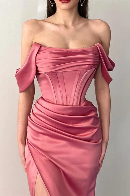 Dusty Rose Off-The-Shoulder Sleeveless Pleated Mermaid Evening Dress with Split