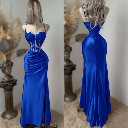 Sweetheart Spaghetti Straps Sleeveless Long Pleated Mermaid Prom Dress With Split And Rhinstone