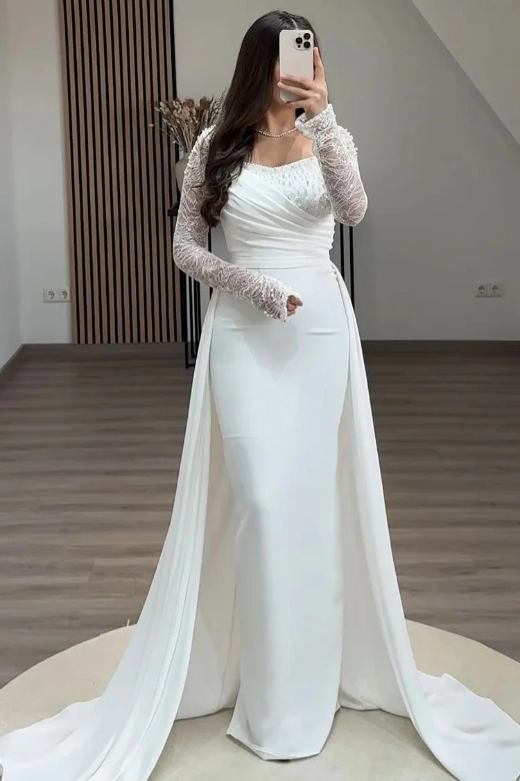 Square Neck Long Sleeves High Waist Long Pleated Mermaid Prom Dress With Beadings And Ruffles
