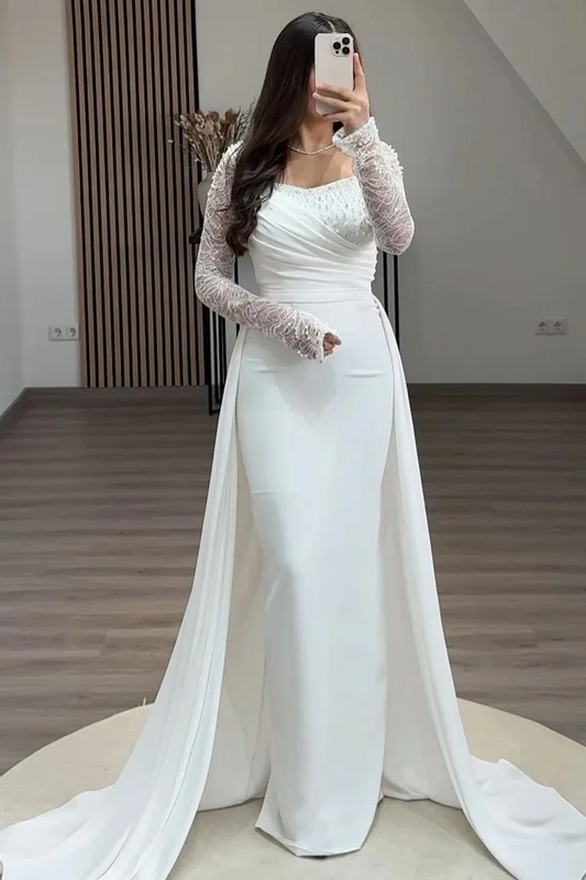 Square Neck Long Sleeves High Waist Long Pleated Mermaid Prom Dress With Beadings And Ruffles