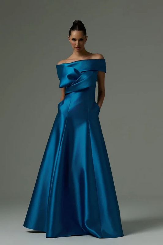 Off the Shoulder Sleeveless Long Prom Dress With Pleated Pocket