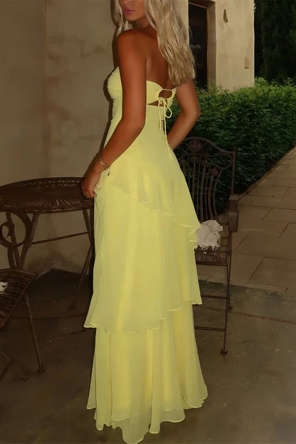 Yellow - Sheath Strapless Chiffon Long Prom Dresses With Ruffles