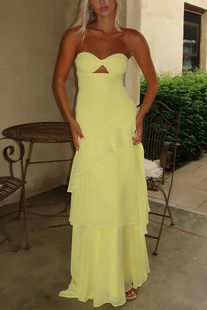 Yellow - Sheath Strapless Chiffon Long Prom Dresses With Ruffles