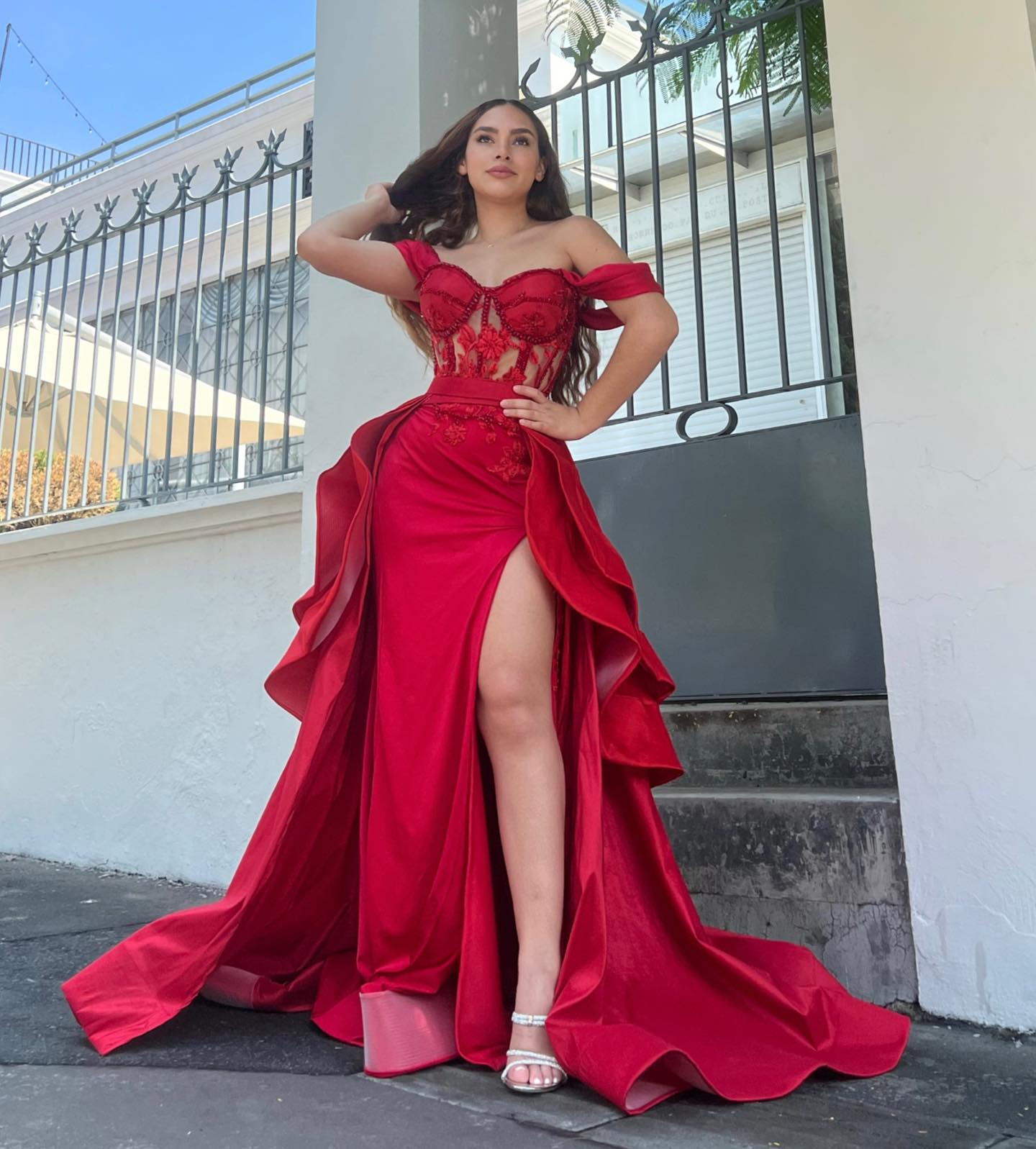 Off-The-Shoulder Sleeveless Long Split Prom Dress With Embroidery And Ruffles HF0010