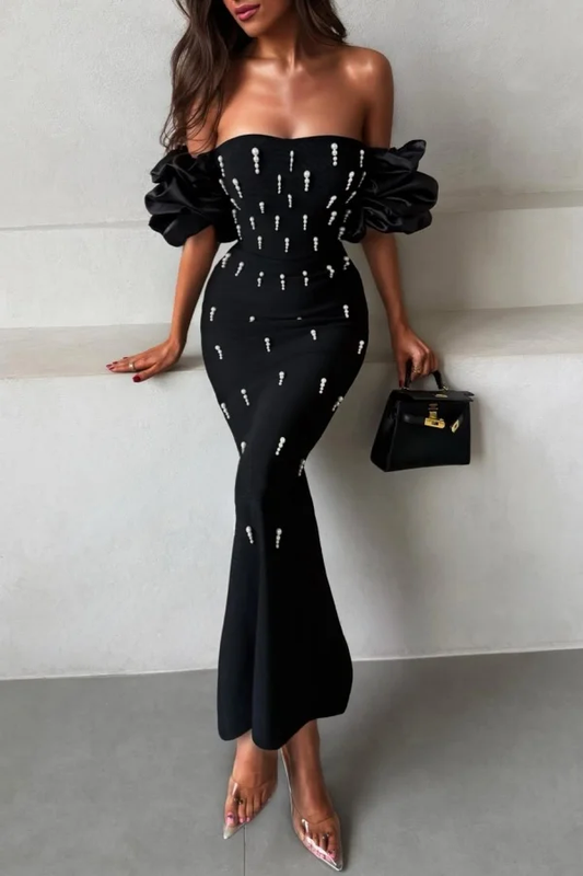 Black Spandex Strapless Off-The-Shoulder Bubble Sleeves Long Mermaid Prom Dress With Beadings