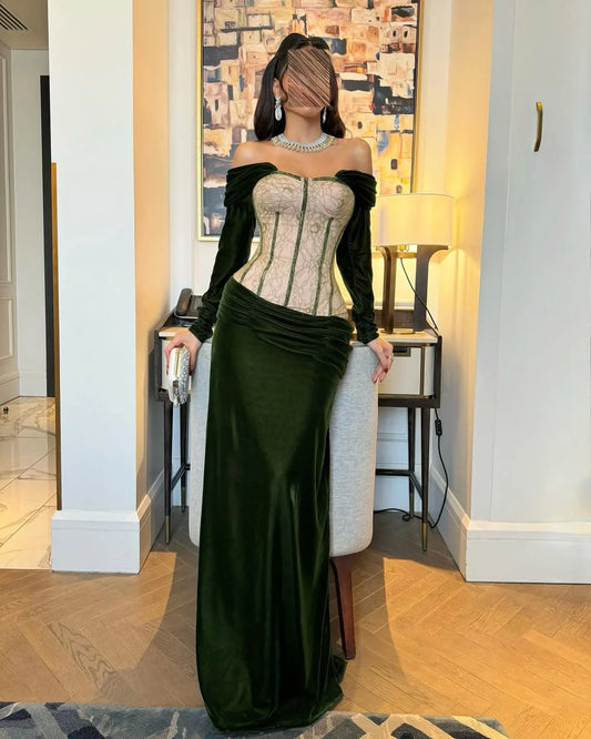 Noble Dark Green Off-The-Shoulder Long Sleeveless Pleated Prom Dress YK0780