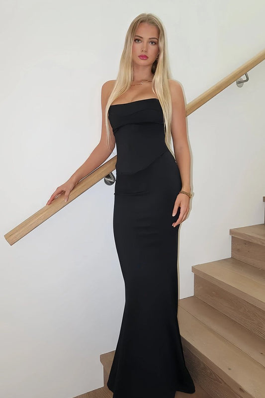 Black - Strapless Sleeveless Mermaid Satin Long Prom Dresses