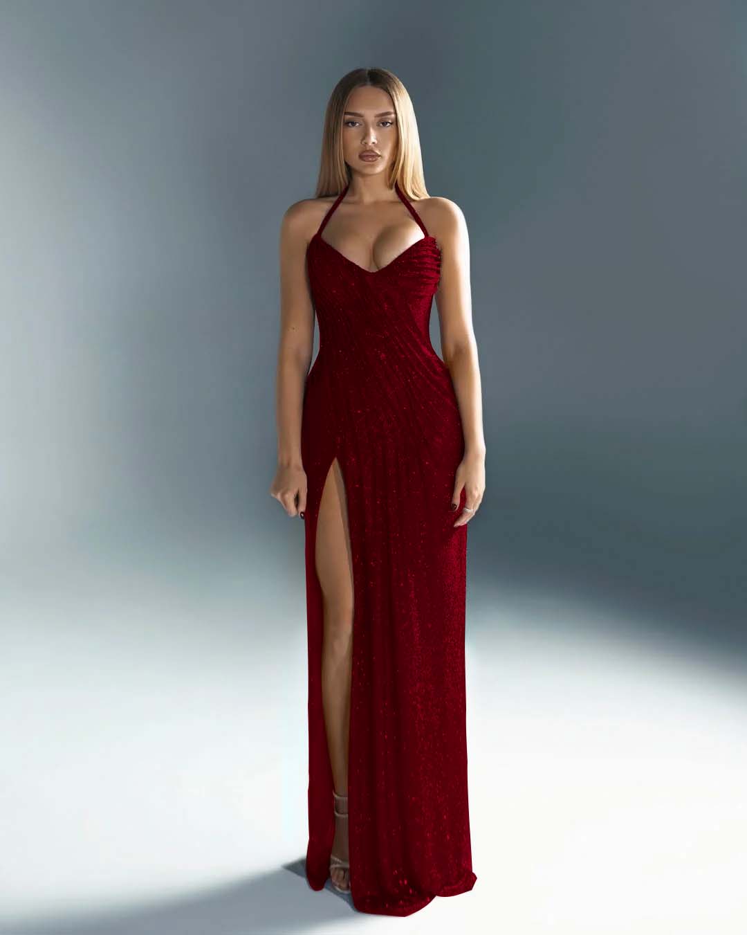 Halter V-Neck Strapless Sleeveless Long Mermaid Prom Dress With Split And Pleated