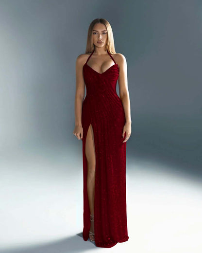 Halter V-Neck Strapless Sleeveless Long Mermaid Prom Dress With Split And Pleated