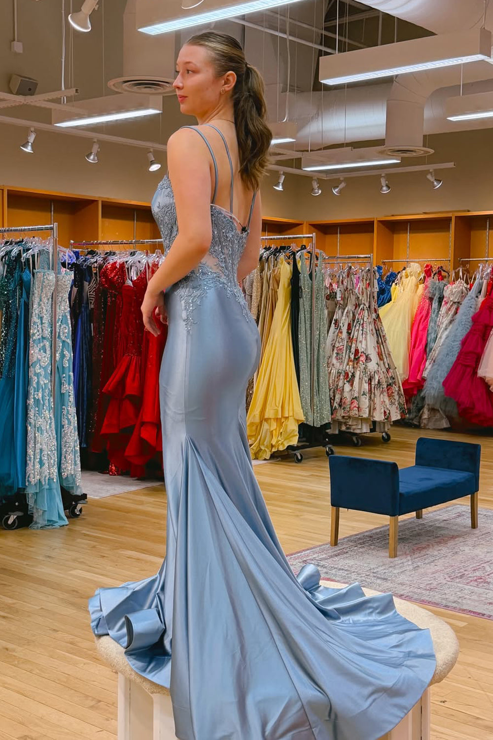Mermaid V Neck Grey Stretch Satin Prom Dress with Beading