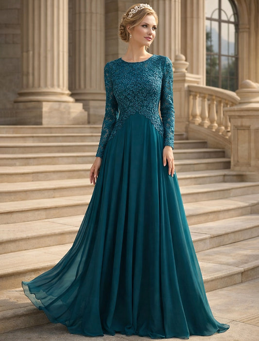 Applique Long Sleeve A-Line Floor-Length Formal Evening Dress