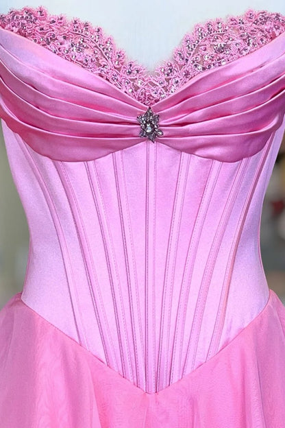 Pink - Sweetheart A Line Chiffon Ruffled Long Formal Prom Dresses With Beading