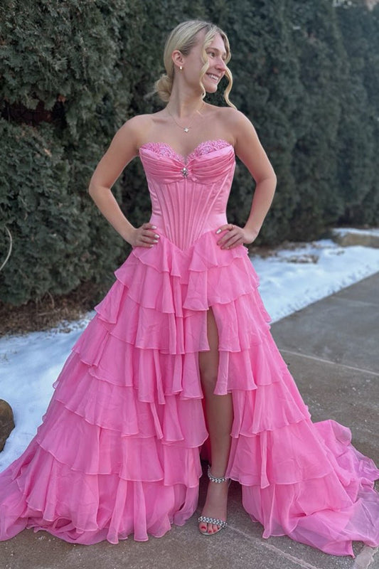 Pink - Sweetheart A Line Chiffon Ruffled Long Formal Prom Dresses With Beading