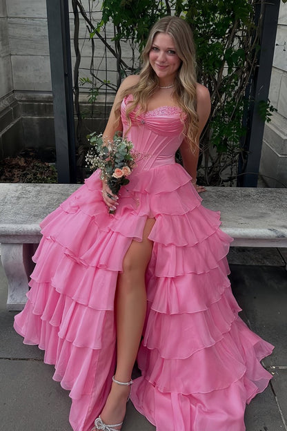 Pink - Sweetheart A Line Chiffon Ruffled Long Formal Prom Dresses With Beading