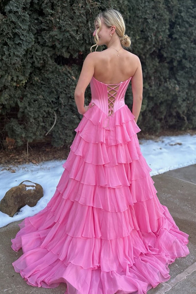 Pink - Sweetheart A Line Chiffon Ruffled Long Formal Prom Dresses With Beading