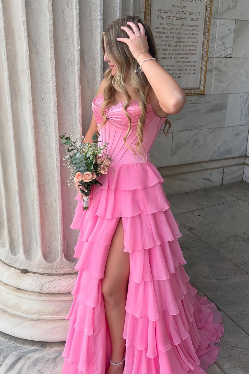Pink - Sweetheart A Line Chiffon Ruffled Long Formal Prom Dresses With Beading