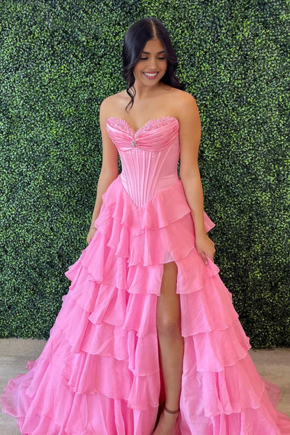 Pink - Sweetheart A Line Chiffon Ruffled Long Formal Prom Dresses With Beading