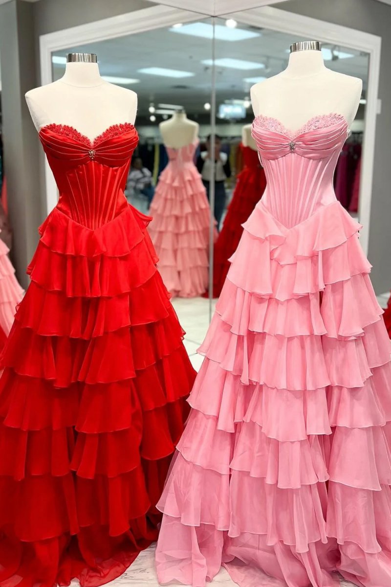 Pink - Sweetheart A Line Chiffon Ruffled Long Formal Prom Dresses With Beading