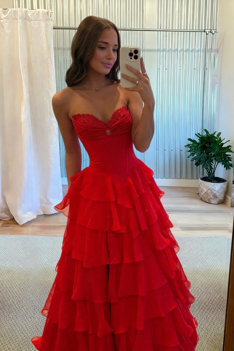 Pink - Sweetheart A Line Chiffon Ruffled Long Formal Prom Dresses With Beading