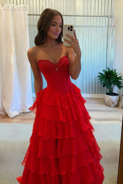 Pink - Sweetheart A Line Chiffon Ruffled Long Formal Prom Dresses With Beading