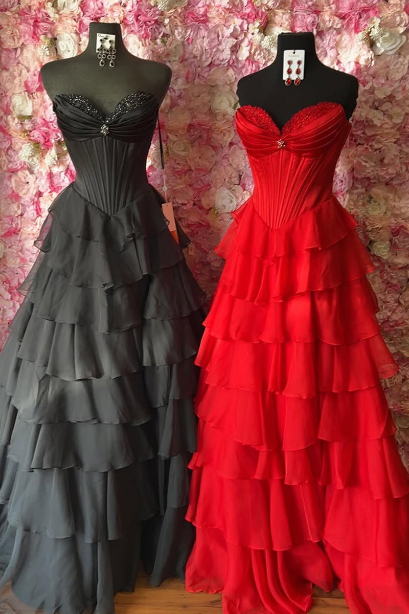 Pink - Sweetheart A Line Chiffon Ruffled Long Formal Prom Dresses With Beading