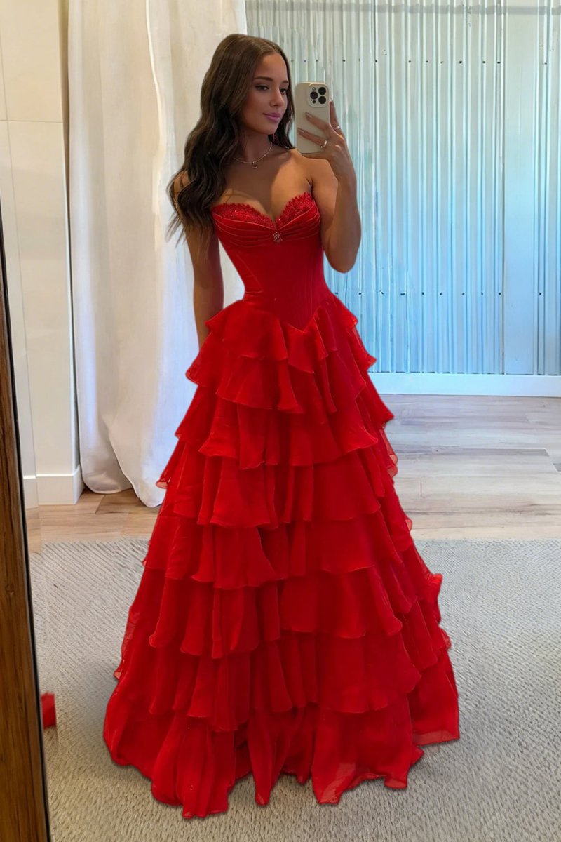 Pink - Sweetheart A Line Chiffon Ruffled Long Formal Prom Dresses With Beading