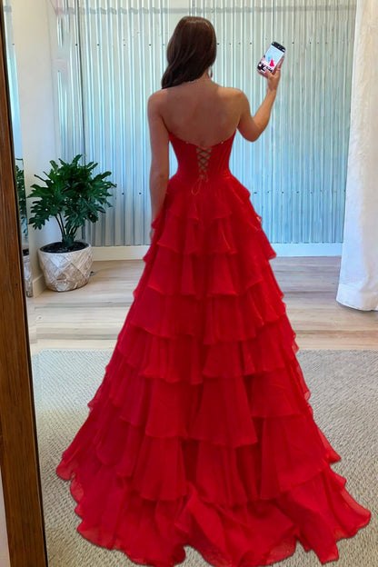 Pink - Sweetheart A Line Chiffon Ruffled Long Formal Prom Dresses With Beading