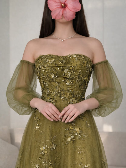 Flowers Off the Shoulder Long Dress A-Line Floor-Length Evening Dress