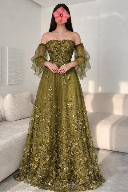 Flowers Off the Shoulder Long Dress A-Line Floor-Length Evening Dress