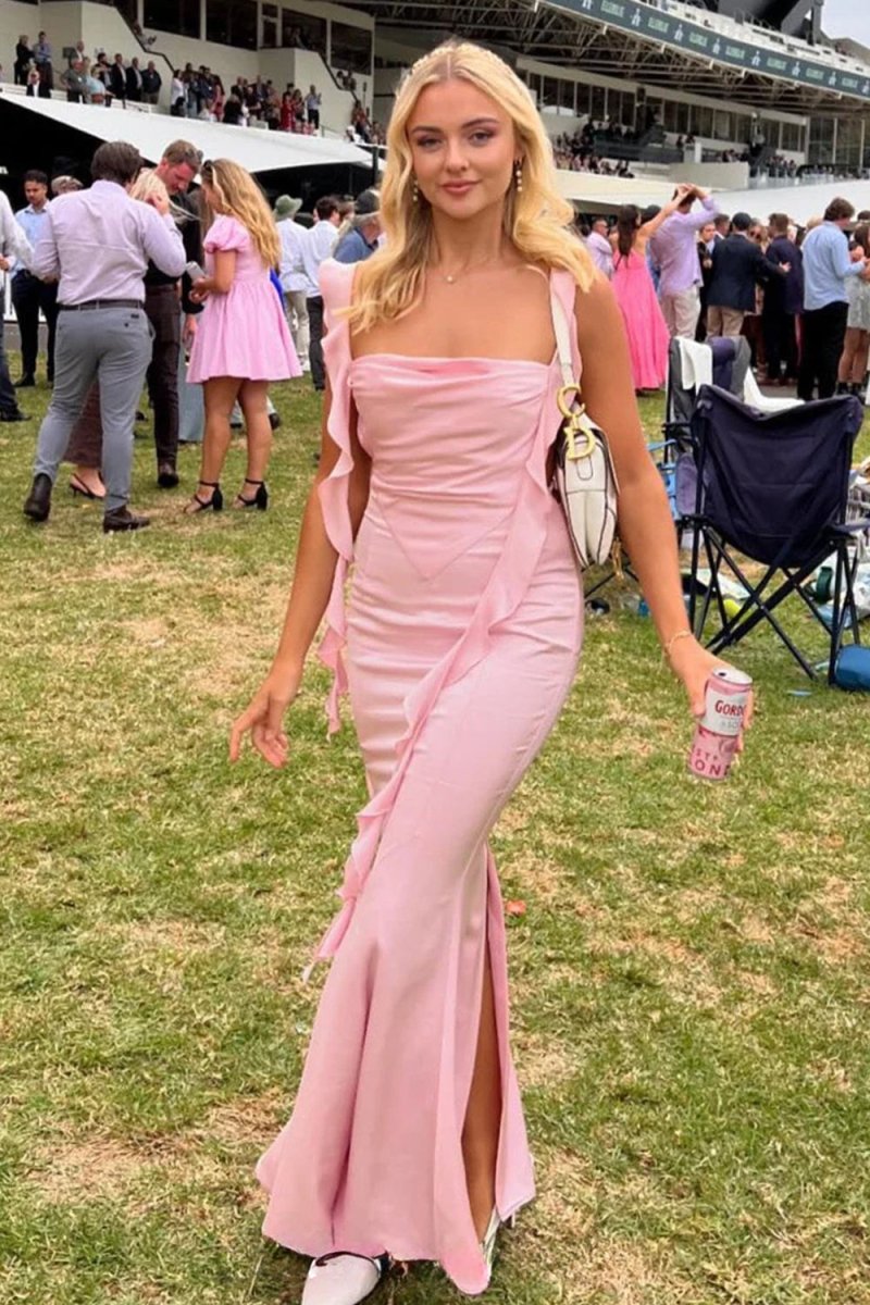 Pink - Cowl Neck Sheath Satin Open Back Formal Prom Dresses With Ruffles
