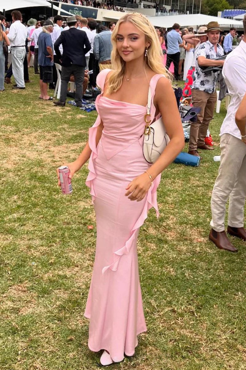 Pink - Cowl Neck Sheath Satin Open Back Formal Prom Dresses With Ruffles