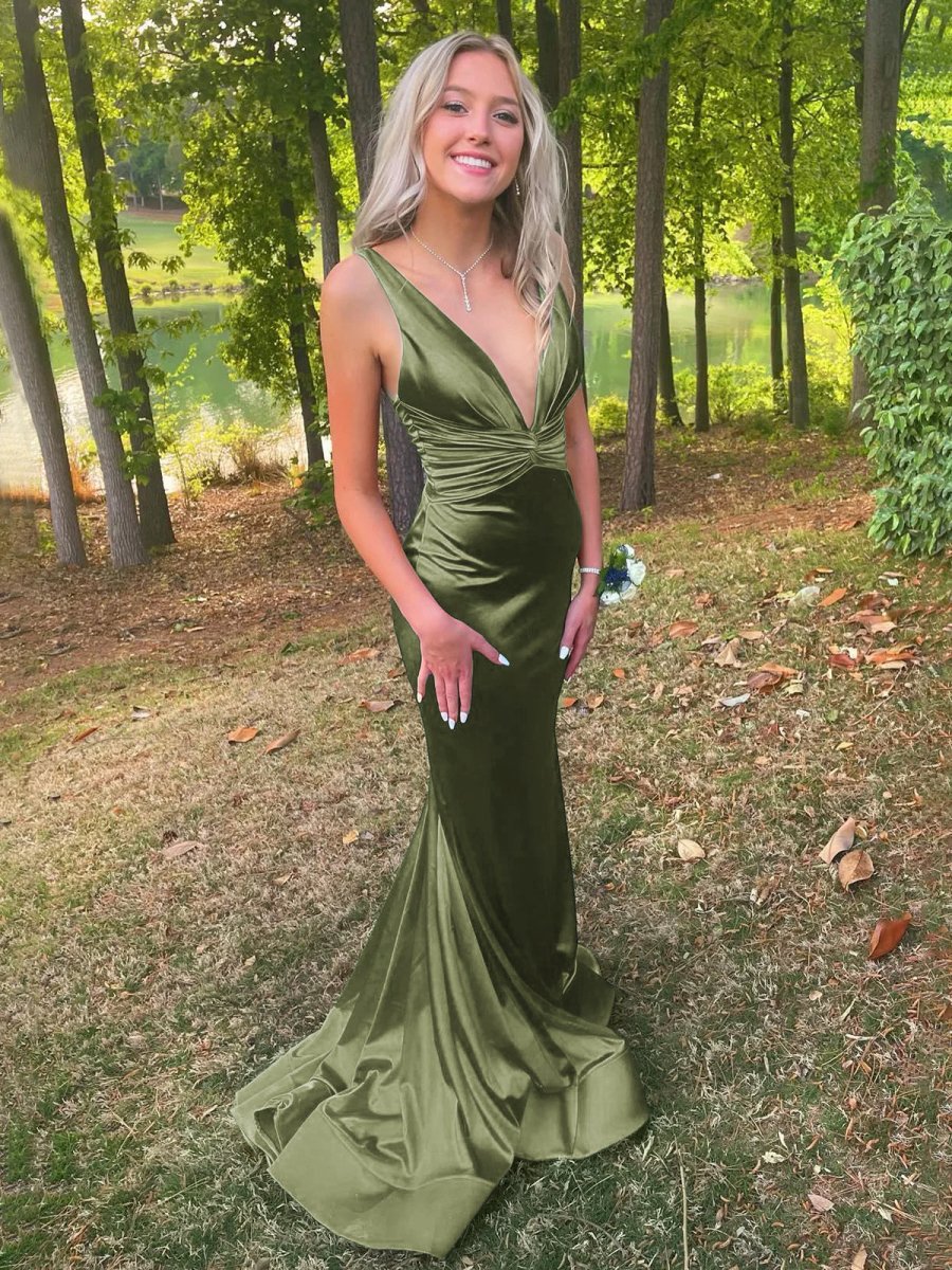 Plunge Blue Satin Ruched Mermaid Prom Dress