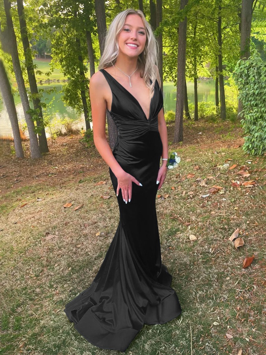 Plunge Blue Satin Ruched Mermaid Prom Dress