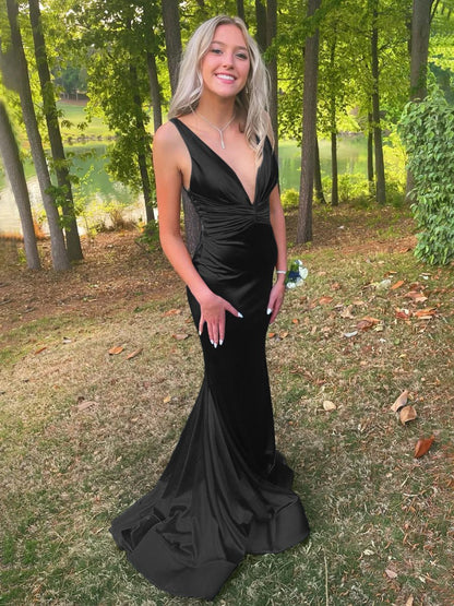 Plunge Blue Satin Ruched Mermaid Prom Dress