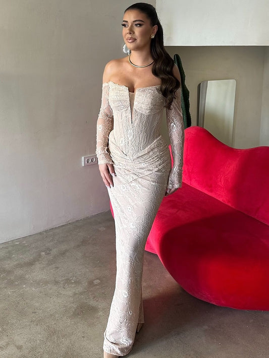 Lace Off the Shoulder Long Sleeve Mermaid Evening Dress Women Foraml