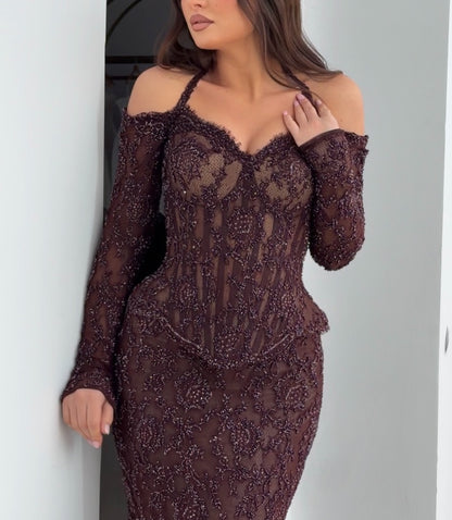 Sxey Off the Shoulder Lace Long Sleeve Beaded Mermaid Evening Dress