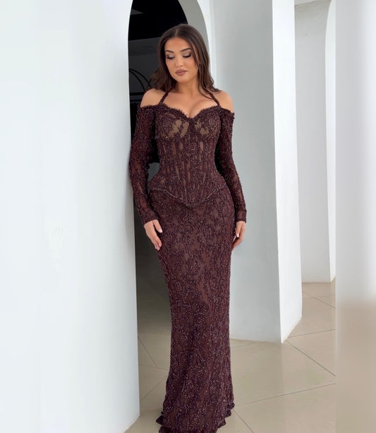 Sxey Off the Shoulder Lace Long Sleeve Beaded Mermaid Evening Dress