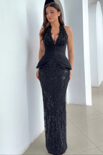 Balck Halter Sleeveless Lace Beaded Applique Mermaid Prom Dress