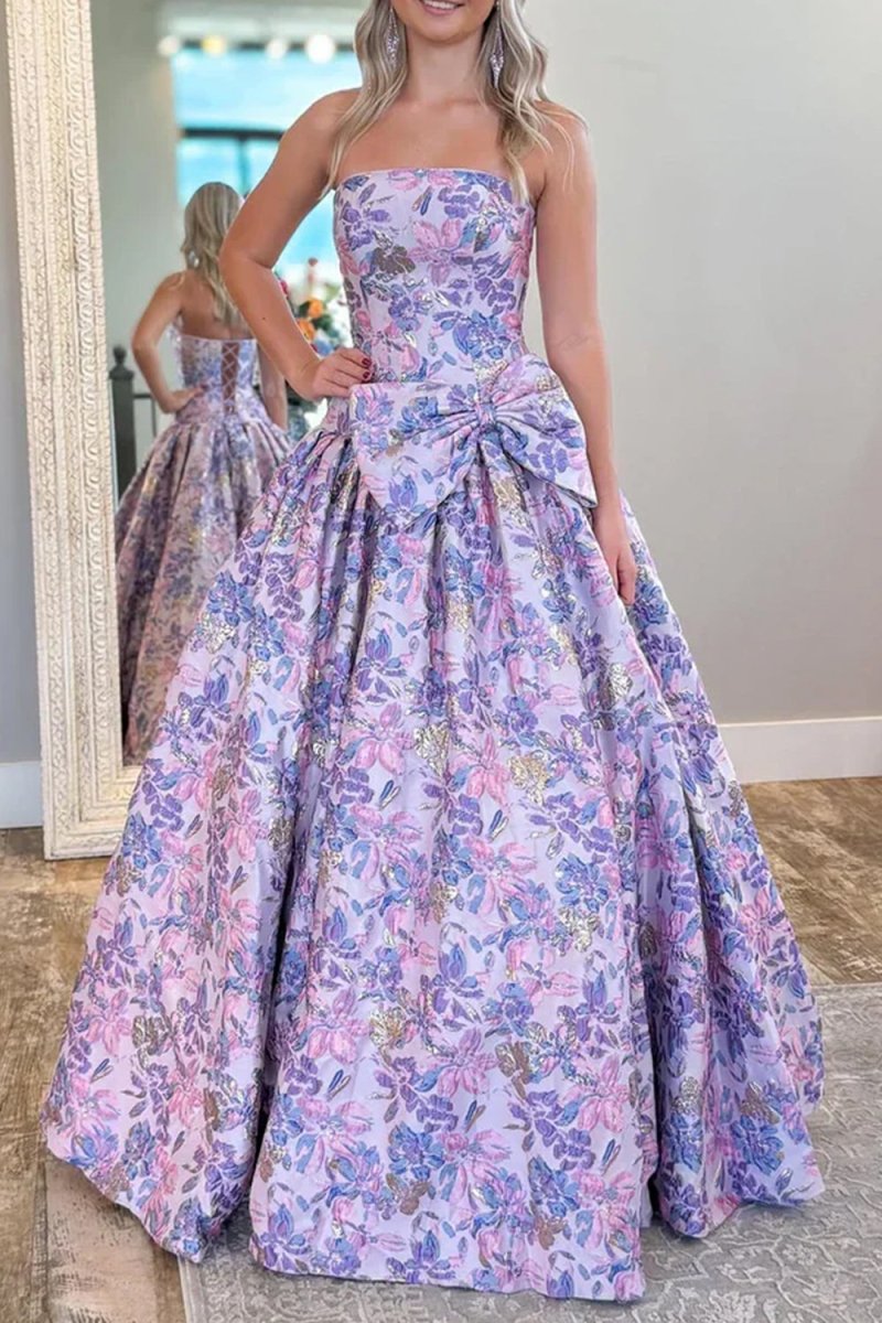 Strapless Floral Printed A Line Long Formal Prom Dresses With Bow