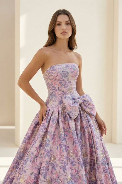 Strapless Floral Printed A Line Long Formal Prom Dresses With Bow