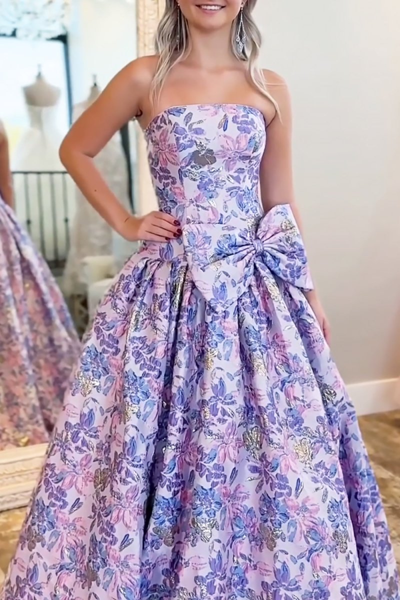 Strapless Floral Printed A Line Long Formal Prom Dresses With Bow