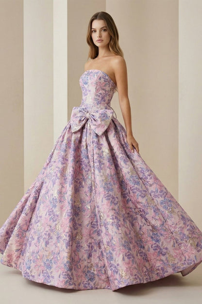 Strapless Floral Printed A Line Long Formal Prom Dresses With Bow