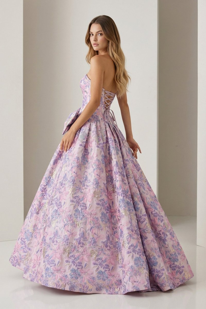 Strapless Floral Printed A Line Long Formal Prom Dresses With Bow