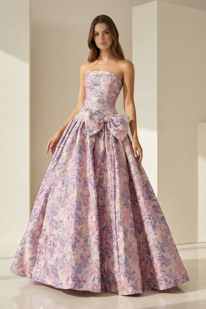 Strapless Floral Printed A Line Long Formal Prom Dresses With Bow